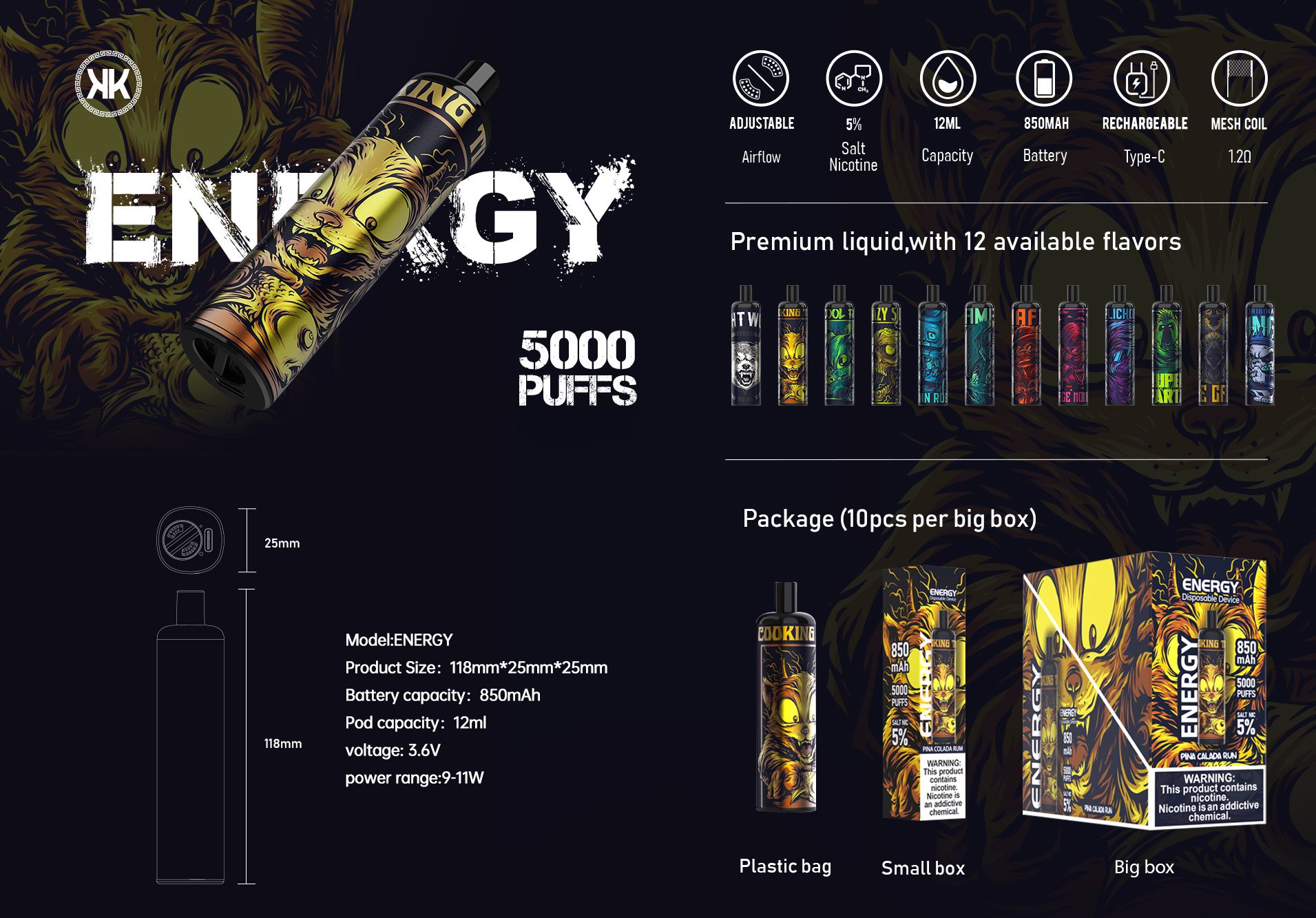 پاد یکبار مصرف کی کی انرژی 5000 پوکی KK Energy 5000puffs Pod Kit